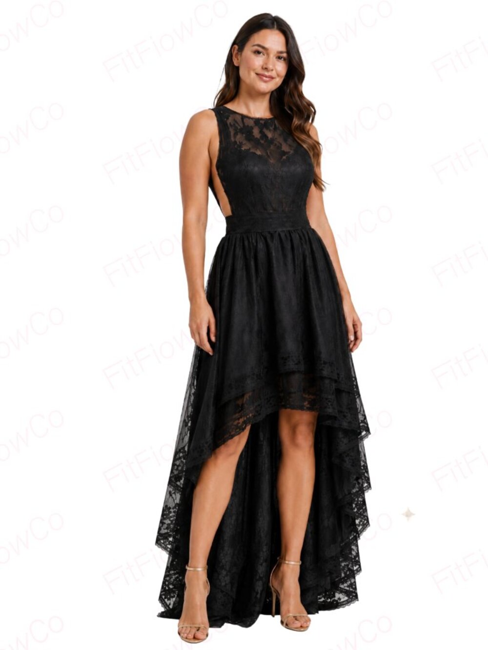 Gracia Black Lace High Low Tiered Dress Sheer Mesh Open Side M